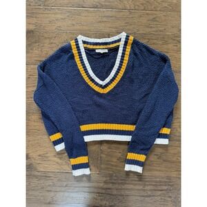 LA Hearts Navy Blue Yellow White Varsity Striped Cropped V-Neck Sweater XS